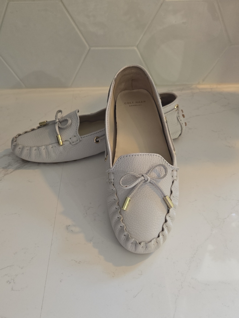 Cole Haan Light Creme Leather Bow-Trim Moccasins